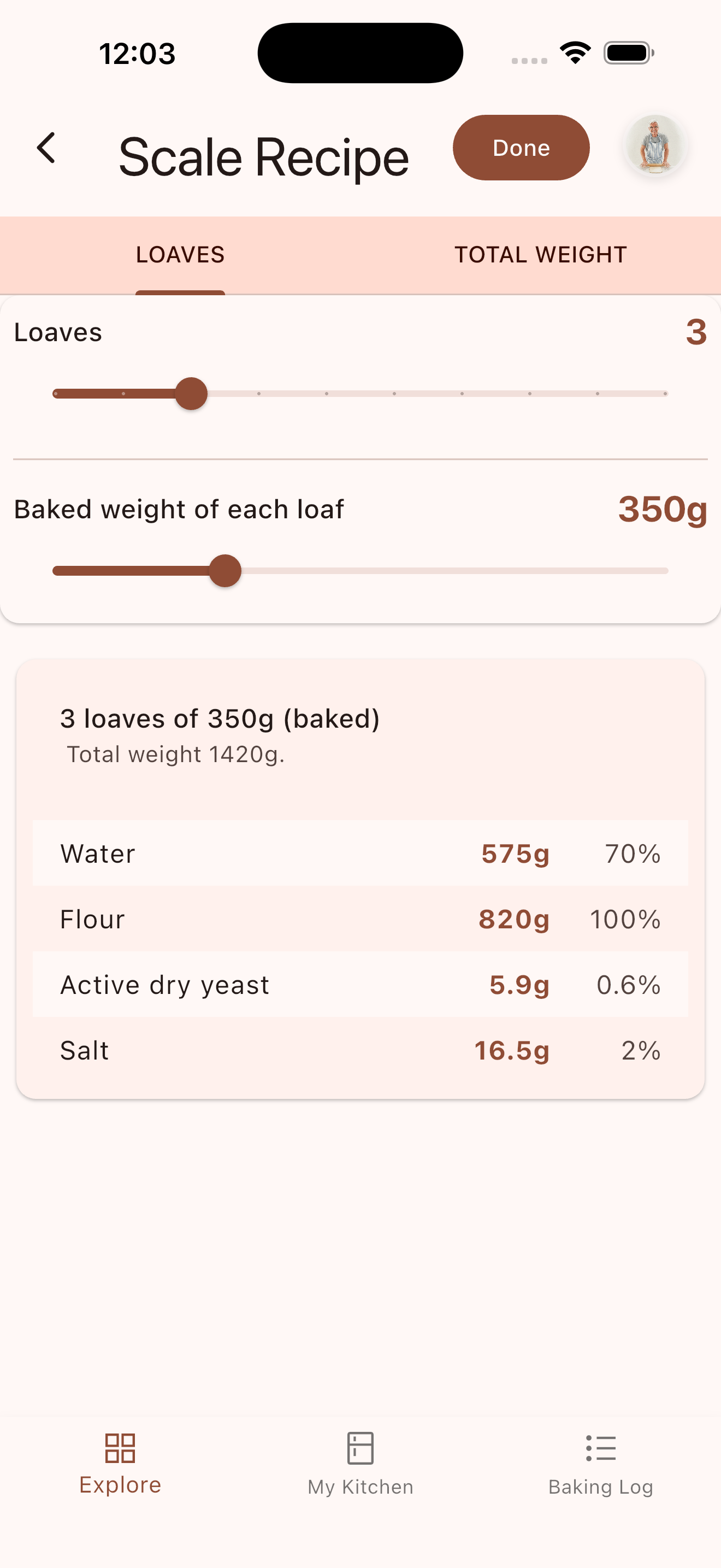 Scaling interface showing sliders for loaves and weight